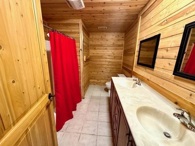 bathroom with wood ceiling, vanity, wooden walls, toilet, and walk in shower