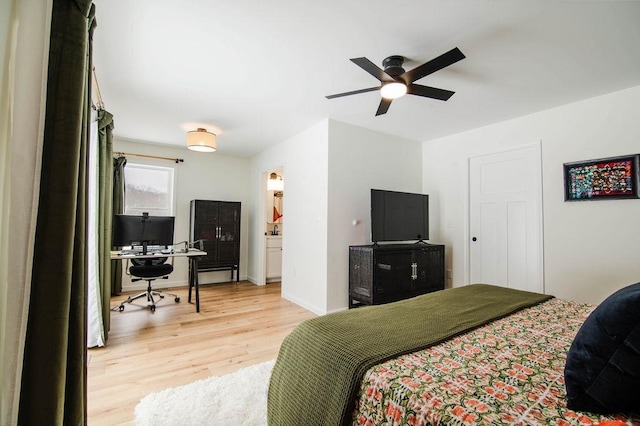 bedroom featuring light wood-type flooring and ceiling fan