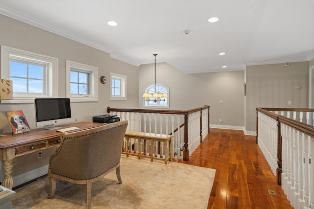 home office with dark hardwood / wood-style flooring, a notable chandelier, and crown molding