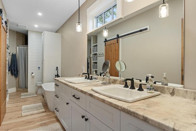 bathroom with vanity, separate shower and tub, and hardwood / wood-style floors