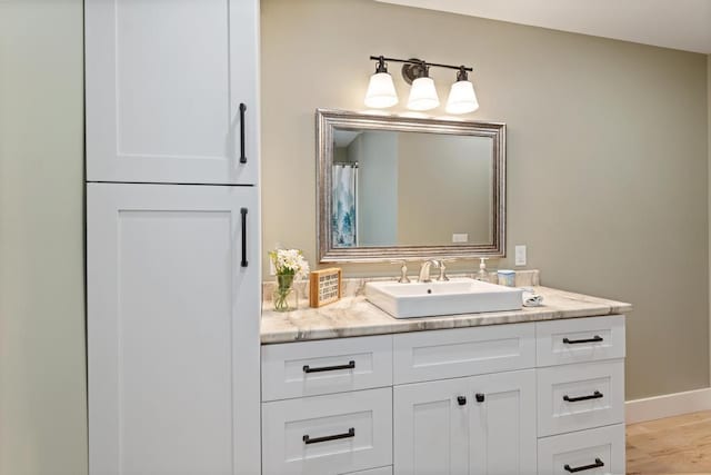 bathroom with wood-type flooring and vanity