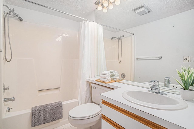 full bathroom with toilet, shower / tub combo, and a textured ceiling