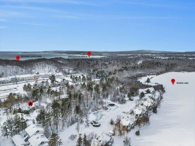 snowy aerial view featuring a water view