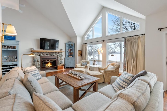 living room with a stone fireplace and light hardwood / wood-style floors