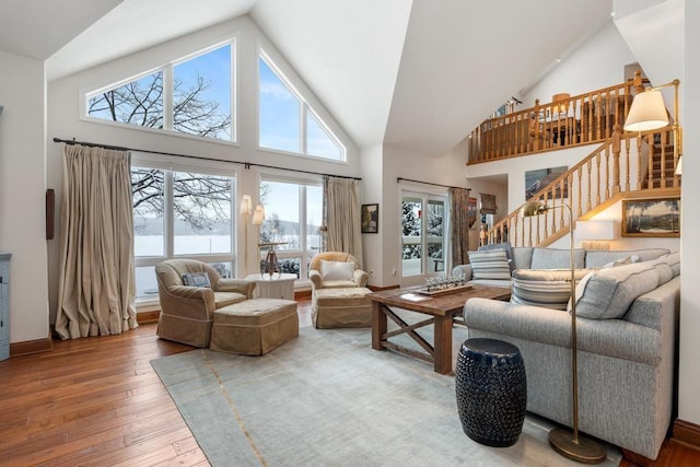 living room featuring high vaulted ceiling and hardwood / wood-style floors