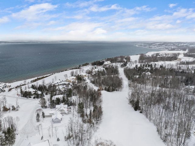 snowy aerial view with a view of the beach and a water view