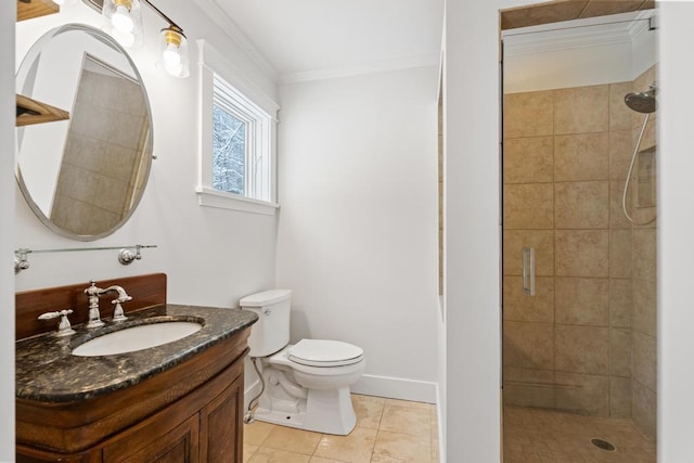 bathroom with toilet, tile patterned floors, walk in shower, crown molding, and vanity