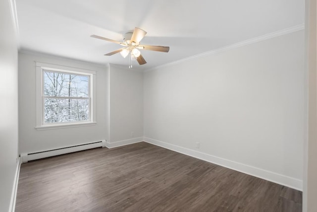 empty room featuring dark hardwood / wood-style floors, crown molding, and a baseboard radiator