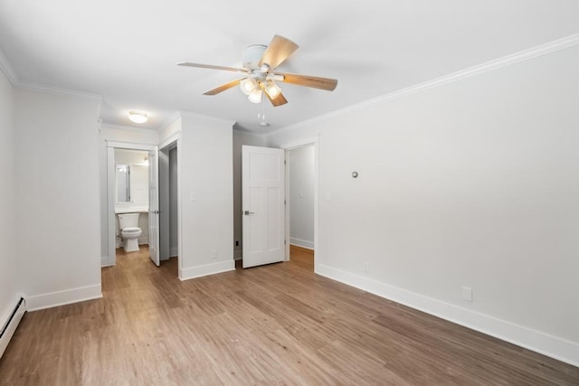 unfurnished bedroom with ensuite bath, a baseboard heating unit, ceiling fan, light hardwood / wood-style flooring, and crown molding