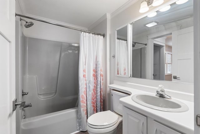 full bathroom with toilet, crown molding, shower / bath combination with curtain, and vanity