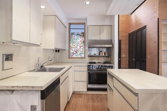 kitchen with electric range oven, white cabinets, light hardwood / wood-style floors, sink, and stainless steel dishwasher