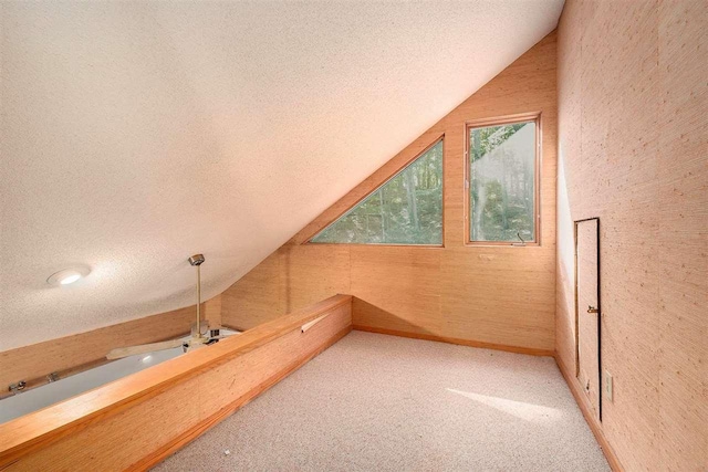 additional living space with light carpet, vaulted ceiling, wood walls, and a textured ceiling