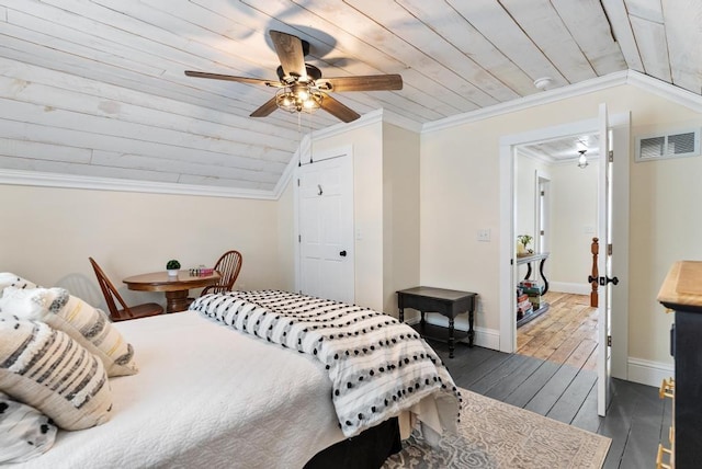 bedroom with ceiling fan, lofted ceiling, dark hardwood / wood-style flooring, and wooden ceiling