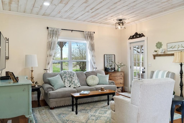 living room with wooden ceiling, crown molding, and hardwood / wood-style flooring