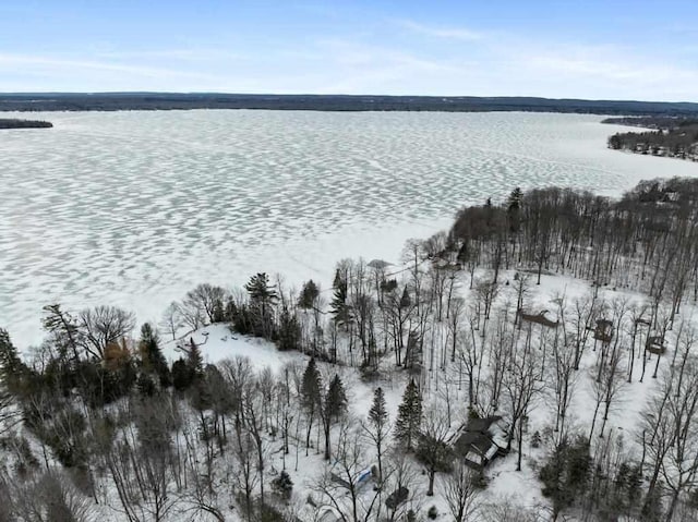 snowy aerial view with a water view