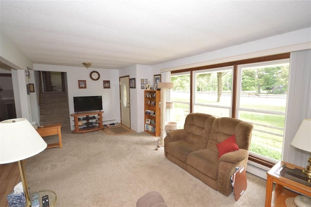 carpeted living room with a textured ceiling