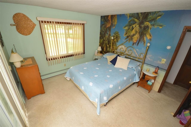 carpeted bedroom with a baseboard radiator