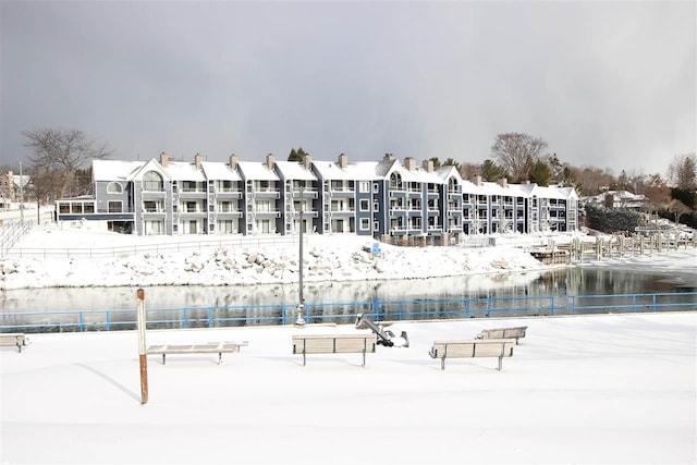 view of snow covered building