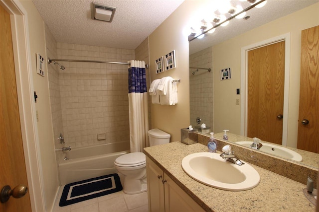 full bathroom featuring toilet, shower / tub combo, tile patterned floors, a textured ceiling, and vanity