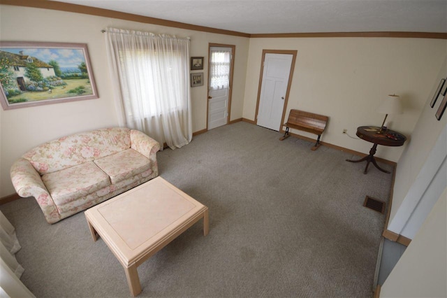 carpeted living room with crown molding