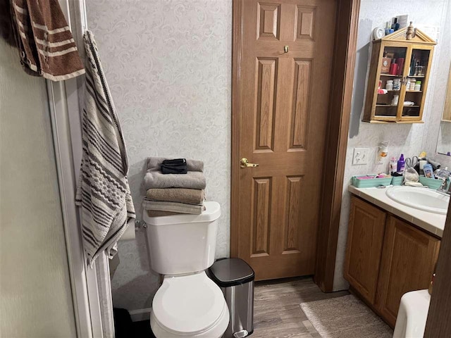 bathroom featuring vanity, toilet, and hardwood / wood-style floors