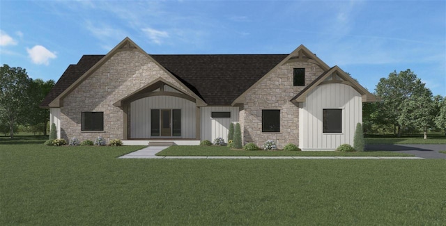 view of front facade featuring a front lawn, board and batten siding, and a shingled roof