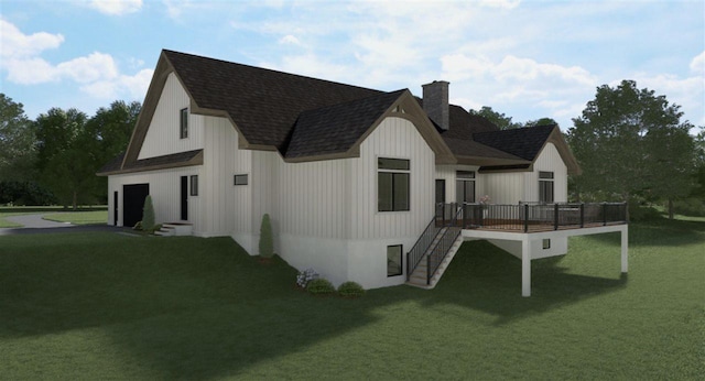 back of house featuring a garage, a shingled roof, a lawn, a chimney, and a wooden deck