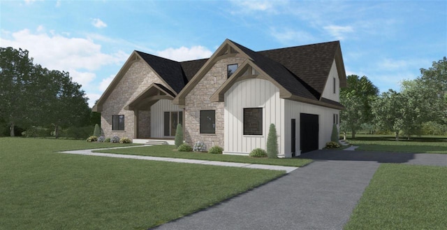 view of front of property featuring roof with shingles, board and batten siding, a front yard, stone siding, and driveway