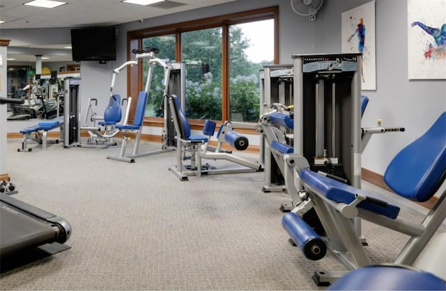 workout area with a paneled ceiling