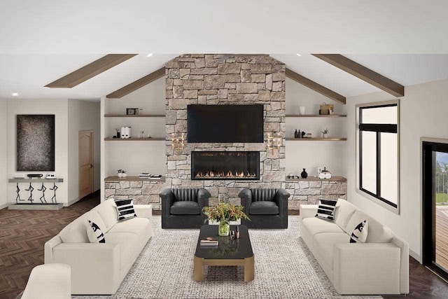 living room featuring parquet flooring, a stone fireplace, and vaulted ceiling with beams