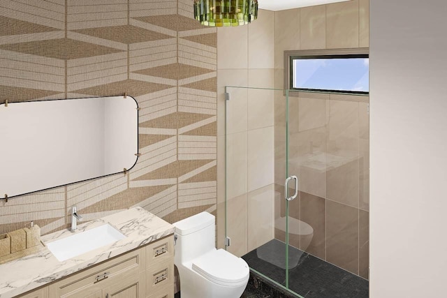 bathroom featuring tile walls, tasteful backsplash, toilet, a shower stall, and vanity