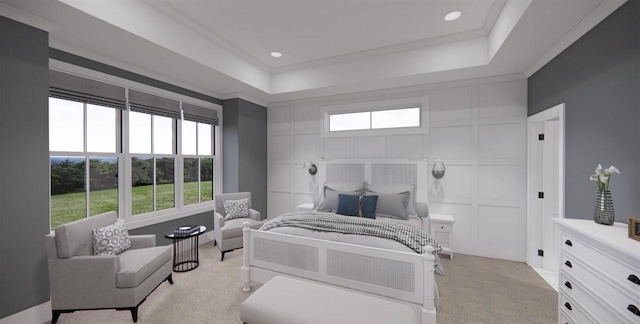 bedroom featuring light carpet, crown molding, and a raised ceiling