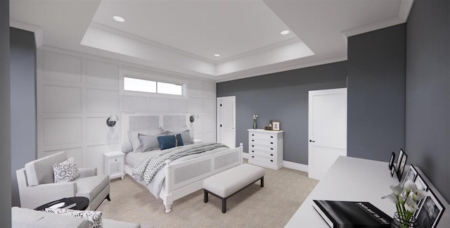 bedroom with ornamental molding, a tray ceiling, and light carpet