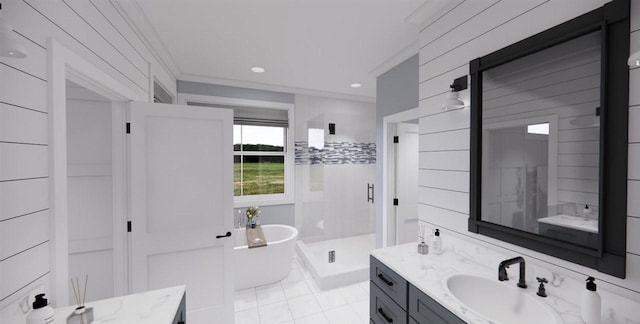 bathroom featuring vanity, tile patterned flooring, crown molding, and independent shower and bath