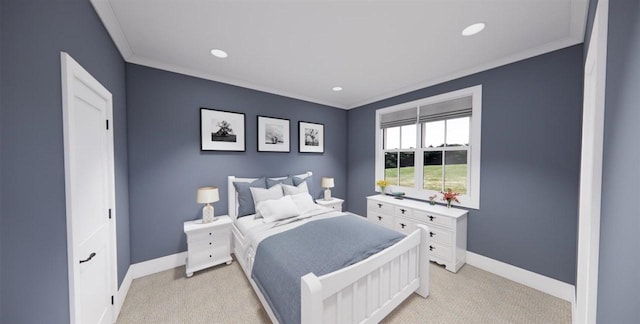 bedroom featuring ornamental molding and light carpet