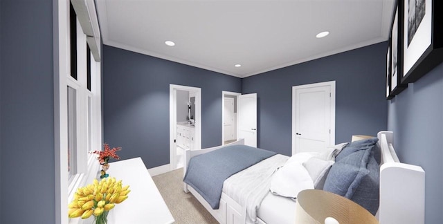 carpeted bedroom featuring ensuite bathroom and crown molding