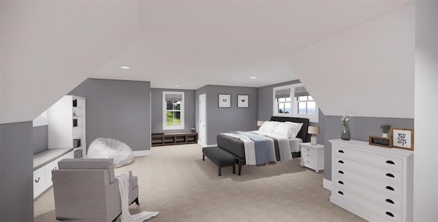 carpeted bedroom with vaulted ceiling and multiple windows