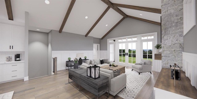 living room featuring beamed ceiling, french doors, high vaulted ceiling, and light hardwood / wood-style flooring