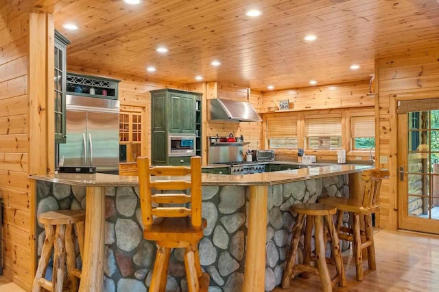 kitchen featuring wood ceiling, a kitchen bar, built in appliances, and kitchen peninsula