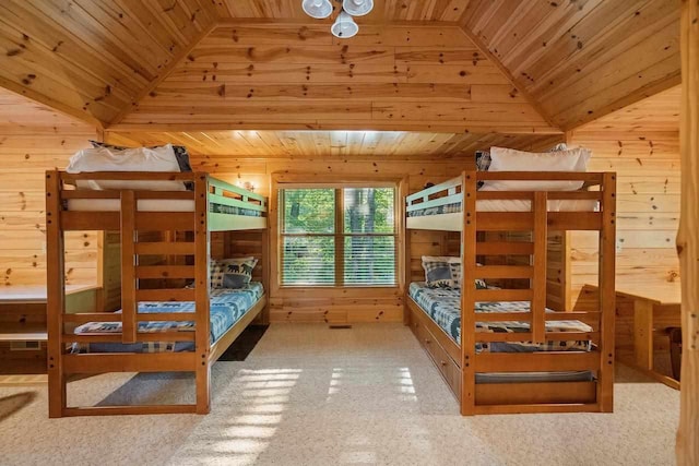 bedroom with wood ceiling, lofted ceiling, and wood walls