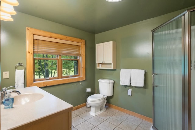 bathroom featuring tile patterned flooring, vanity, an enclosed shower, and toilet