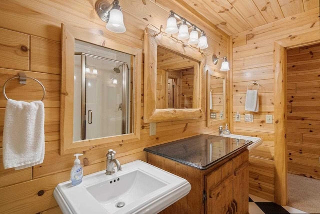 bathroom with sink, wooden ceiling, wooden walls, and walk in shower