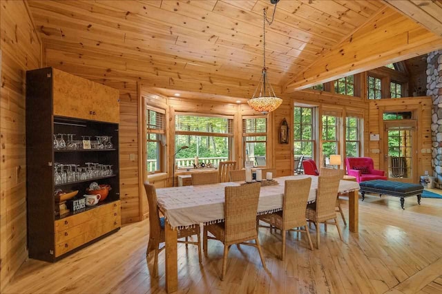 dining space featuring high vaulted ceiling, plenty of natural light, wooden ceiling, and light wood-type flooring