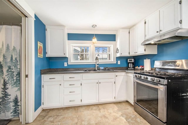 kitchen with pendant lighting, sink, crown molding, white cabinetry, and stainless steel gas range oven