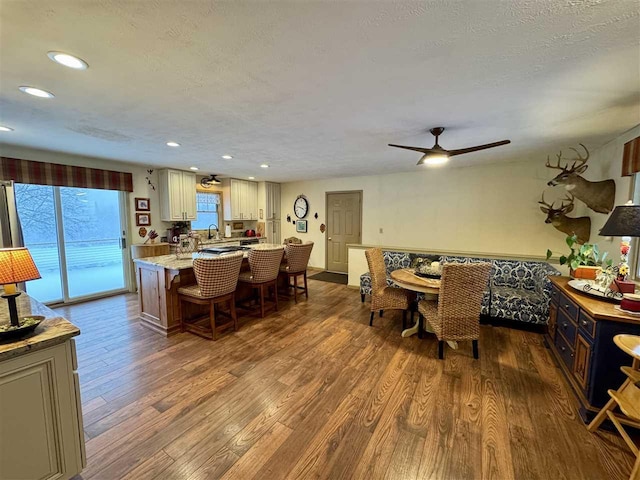 dining area with sink, hardwood / wood-style floors, and a textured ceiling