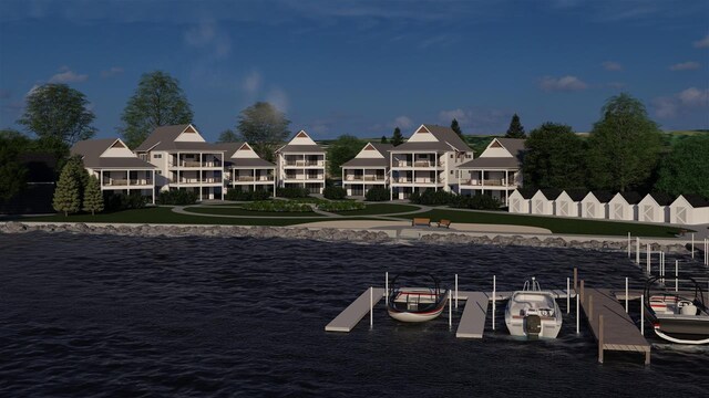 exterior space featuring a water view and a boat dock