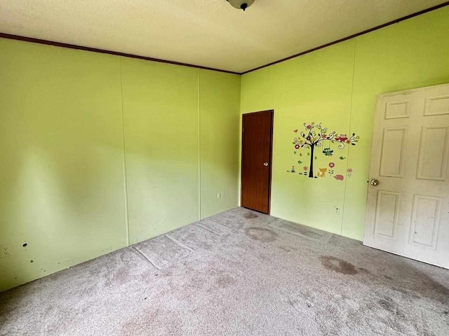 unfurnished room featuring crown molding, carpet floors, and a textured ceiling