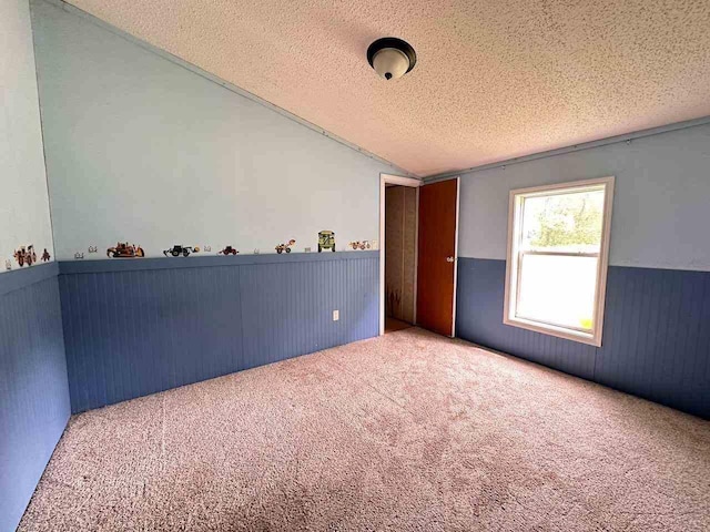 carpeted empty room featuring vaulted ceiling and a textured ceiling