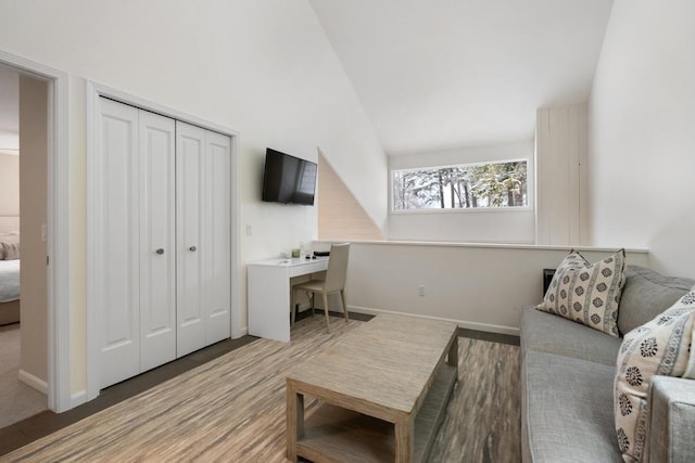 living room featuring lofted ceiling and light wood-type flooring