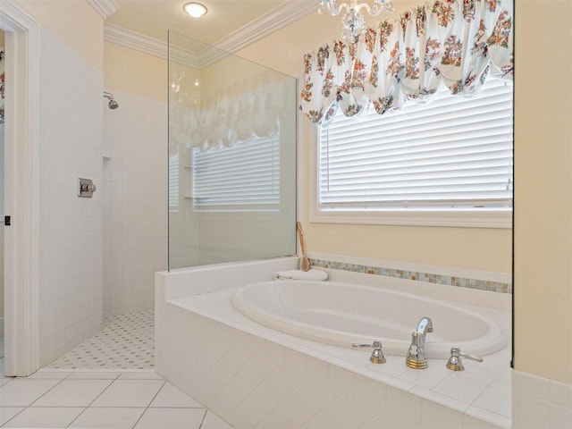 bathroom featuring ornamental molding, independent shower and bath, and tile patterned flooring